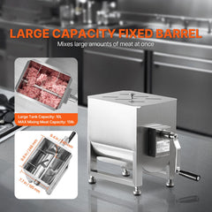 Manual Meat Mixer, 10L Fixed Tank Meat Processing Equipment(Mixing Max 15LBS for Meats), Stainless Steel Sausage Mixer Machine with Lid Handle Gear Reducer, Ground Beef Hand Mixers