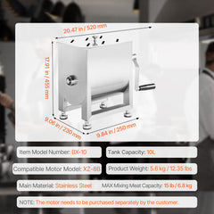 Manual Meat Mixer, 10L Fixed Tank Meat Processing Equipment(Mixing Max 15LBS for Meats), Stainless Steel Sausage Mixer Machine with Lid Handle Gear Reducer, Ground Beef Hand Mixers