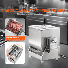 Manual Meat Mixer, 20L Tilt Tank Meat Processing Equipment(Mixing Max 20LBS for Meat), Stainless Steel Meat Mixer, Sausage Mixer Machine with Lid Handle Gear Reducer, Ground Beef Hand Mixer