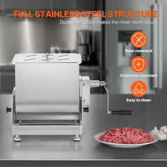 Manual Meat Mixer, 20L Tilt Tank Meat Processing Equipment(Mixing Max 20LBS for Meat), Stainless Steel Meat Mixer, Sausage Mixer Machine with Lid Handle Gear Reducer, Ground Beef Hand Mixer