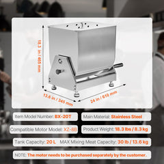 Manual Meat Mixer, 20L Tilt Tank Meat Processing Equipment(Mixing Max 20LBS for Meat), Stainless Steel Meat Mixer, Sausage Mixer Machine with Lid Handle Gear Reducer, Ground Beef Hand Mixer