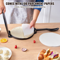 Tortilla Press, 250mm Tortilla and Roti Maker, Cast Iron Heavy Duty Tortilladora Press, Pre-Seasoned Pataconera Maker with 100 Pcs Parchment Paper, Dough Maker for Flour Tortilla, Tawa, Silver