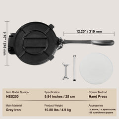 Tortilla Press, 250mm Tortilla and Roti Maker, Cast Iron Heavy Duty Tortilladora Press, Pre-Seasoned Pataconera Maker with 100 Pcs Parchment Paper, Dough Maker for Flour Tortilla, Tawa, Silver
