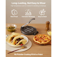 Tortilla Press, 250mm Cast Iron Tortilla and Roti Maker, Heavy Duty Tortilladora Press, Pataconera Makers with Handle and 100 Pcs Parchment Paper, Dough Taco Press for Flour Tortilla, Tawa