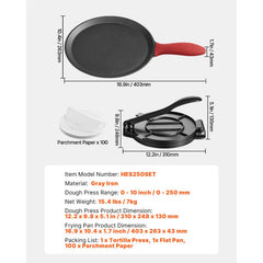 Tortilla Press, 250mm Cast Iron Tortilla and Roti Maker, Heavy Duty Tortilladora Press, Pataconera Makers with Handle and 100 Pcs Parchment Paper, Dough Taco Press for Flour Tortilla, Tawa