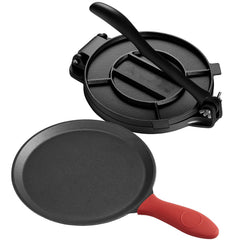 Tortilla Press, 250mm Cast Iron Tortilla and Roti Maker, Heavy Duty Tortilladora Press, Pataconera Makers with Handle and 100 Pcs Parchment Paper, Dough Taco Press for Flour Tortilla, Tawa