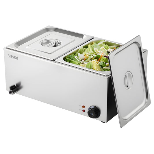 Commercial Food Warmer, 2-Pan Electric Steam Table, 1200W Professional Countertop Stainless Steel Buffet Bain Marie with 30-85°C Temp Control for Catering, Buffet, Parties, Restaurants