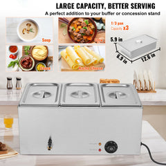 3-Pan Commercial Food Warmer, 16.5L Electric Steam Table, 1200W Professional Countertop Stainless Steel Buffet Bain Marie with 30 - 85℃ Temp Control for Catering and Restaurants, Silver