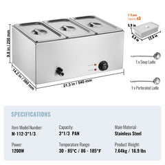 3-Pan Commercial Food Warmer, 16.5L Electric Steam Table, 1200W Professional Countertop Stainless Steel Buffet Bain Marie with 30 - 85℃ Temp Control for Catering and Restaurants, Silver
