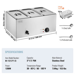 3-Pan Commercial Food Warmer, 16.5L Electric Steam Table, 1200W Professional Countertop Stainless Steel Buffet Bain Marie with 30 - 85℃ Temp Control for Catering and Restaurants, Silver