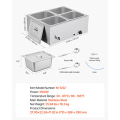 Commercial Food Warmer, 1500W Electric Stainless Steel Steam Food Warmer with Lid, 4-Pan Fast Heating Countertop Buffet Bain Marie with Soup & Perforated Ladles, for Catering, Restaurant, Party
