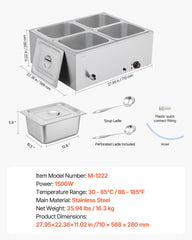 Commercial Food Warmer, 1500W Electric Stainless Steel Steam Food Warmer with Lid, 4-Pan Fast Heating Countertop Buffet Bain Marie with Soup & Perforated Ladles, for Catering, Restaurant, Party