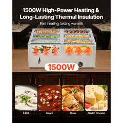 Commercial Food Warmer, 1500W Electric Stainless Steel Steam Food Warmer with Lid, 6-Pan Fast Heating Countertop Buffet Bain Marie with Soup & Perforated Ladles, for Catering, Restaurant, Party