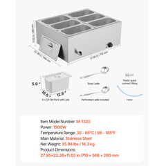 Commercial Food Warmer, 1500W Electric Stainless Steel Steam Food Warmer with Lid, 6-Pan Fast Heating Countertop Buffet Bain Marie with Soup & Perforated Ladles, for Catering, Restaurant, Party
