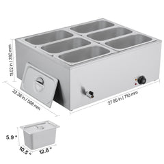 Commercial Food Warmer, 1500W Electric Stainless Steel Steam Food Warmer with Lid, 6-Pan Fast Heating Countertop Buffet Bain Marie with Soup & Perforated Ladles, for Catering, Restaurant, Party