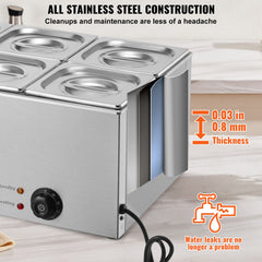 Commercial Food Warmer, 6-Pan Electric Steam Table, 1200W Professional Countertop Stainless Steel Buffet Bain Marie with 30-85°C Temp Control for Catering, Buffet, Parties, Restaurants