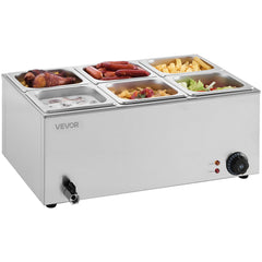 Commercial Food Warmer, 6-Pan Electric Steam Table, 1200W Professional Countertop Stainless Steel Buffet Bain Marie with 30-85°C Temp Control for Catering, Buffet, Parties, Restaurants