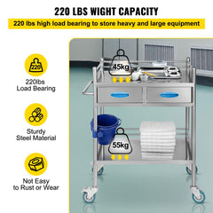 Lab Serving Cart, 2 Layers Stainless Steel Utility Rolling Cart, Medical Cart with Two Drawers, Dental Utility Cart with Lockable Wheels and A Bucket, for Laboratory, Hospital, Dental Use