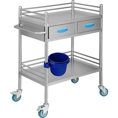 Lab Serving Cart, 2 Layers Stainless Steel Utility Rolling Cart, Medical Cart with Two Drawers, Dental Utility Cart with Lockable Wheels and A Bucket, for Laboratory, Hospital, Dental Use