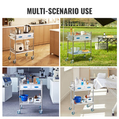 Lab Serving Cart, 2 Layers Stainless Steel Utility Rolling Cart, Medical Cart with Two Drawers, Dental Utility Cart with Lockable Wheels and A Bucket, for Laboratory, Hospital, Dental Use