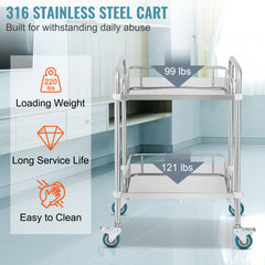 Lab Rolling Cart, 2-Shelf Stainless Steel Rolling Cart, Lab Serving Cart with Swivel Casters, Dental Utility Cart for Clinic, Lab, Hospital, Salon, 15.16"x21.57"x34.06"
