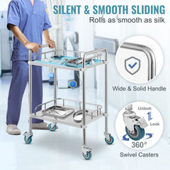 Lab Rolling Cart, 2-Shelf Stainless Steel Rolling Cart, Lab Serving Cart with Swivel Casters, Dental Utility Cart for Clinic, Lab, Hospital, Salon, 15.16"x21.57"x34.06"