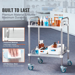 Lab Rolling Cart, 2-Shelf Stainless Steel Rolling Cart, Lab Serving Cart with Swivel Casters, Dental Utility Cart for Clinic, Lab, Hospital, Salon, 15.16"x21.57"x34.06"