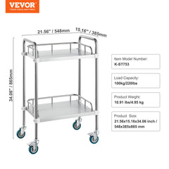 Lab Rolling Cart, 2-Shelf Stainless Steel Rolling Cart, Lab Serving Cart with Swivel Casters, Dental Utility Cart for Clinic, Lab, Hospital, Salon, 15.16"x21.57"x34.06"