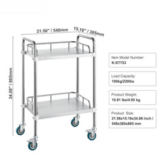 Lab Rolling Cart, 2-Shelf Stainless Steel Rolling Cart, Lab Serving Cart with Swivel Casters, Dental Utility Cart for Clinic, Lab, Hospital, Salon, 15.16"x21.57"x34.06"