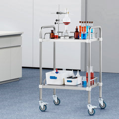 Lab Rolling Cart, 2-Shelf Stainless Steel Rolling Cart, Lab Serving Cart with Swivel Casters, Dental Utility Cart for Clinic, Lab, Hospital, Salon, 15.16"x21.57"x34.06"