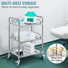 Lab Rolling Cart, 3-Shelf Stainless Steel Rolling Cart, Lab Serving Cart with Swivel Casters, Dental Utility Cart for Clinic, Lab, Hospital, Salon, 26.38"x15.55"x34.13"