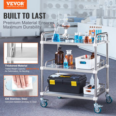 Lab Rolling Cart, 3-Shelf Stainless Steel Rolling Cart, Lab Serving Cart with Swivel Casters, Dental Utility Cart for Clinic, Lab, Hospital, Salon, 26.38"x15.55"x34.13"
