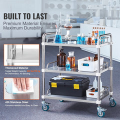 Lab Rolling Cart, 3-Shelf Stainless Steel Rolling Cart, Lab Serving Cart with Swivel Casters, Dental Utility Cart for Clinic, Lab, Hospital, Salon, 26.38"x15.55"x34.13"
