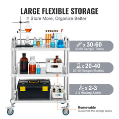 Lab Rolling Cart, 3-Shelf Stainless Steel Rolling Cart, Lab Serving Cart with Swivel Casters, Dental Utility Cart for Clinic, Lab, Hospital, Salon, 26.38"x15.55"x34.13"