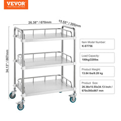 Lab Rolling Cart, 3-Shelf Stainless Steel Rolling Cart, Lab Serving Cart with Swivel Casters, Dental Utility Cart for Clinic, Lab, Hospital, Salon, 26.38"x15.55"x34.13"