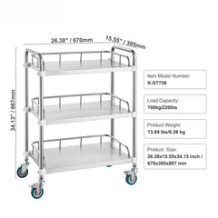 Lab Rolling Cart, 3-Shelf Stainless Steel Rolling Cart, Lab Serving Cart with Swivel Casters, Dental Utility Cart for Clinic, Lab, Hospital, Salon, 26.38"x15.55"x34.13"