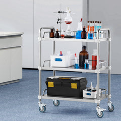 Lab Rolling Cart, 3-Shelf Stainless Steel Rolling Cart, Lab Serving Cart with Swivel Casters, Dental Utility Cart for Clinic, Lab, Hospital, Salon, 26.38"x15.55"x34.13"