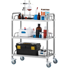 Lab Rolling Cart, 3-Shelf Stainless Steel Rolling Cart, Lab Serving Cart with Swivel Casters, Dental Utility Cart for Clinic, Lab, Hospital, Salon, 26.38"x15.55"x34.13"