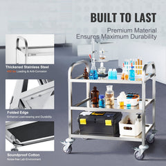 Stainless Steel Cart, 3 Layers Lab Utility Cart 181 kg Weight Capacity, Medical Cart with Lockable Universal Wheels, for Lab, Clinic, Kitchen, Salon