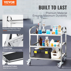 Stainless Steel Cart, 3 Layers Lab Utility Cart 181 kg Weight Capacity, Medical Cart with Lockable Universal Wheels, for Lab, Clinic, Kitchen, Salon