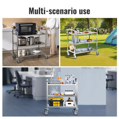 Stainless Steel Cart, 3 Layers Lab Utility Cart 181 kg Weight Capacity, Medical Cart with Lockable Universal Wheels, for Lab, Clinic, Kitchen, Salon