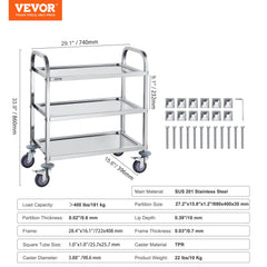 Stainless Steel Cart, 3 Layers Lab Utility Cart 181 kg Weight Capacity, Medical Cart with Lockable Universal Wheels, for Lab, Clinic, Kitchen, Salon