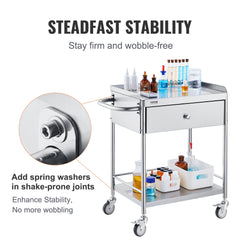 Medical Cart, 2 Layer stainless Steel Cart100 kg Weight Capacity Utility Cart Silent Wheels and a Drawer for Lab, Clinic, kitchen, Salon