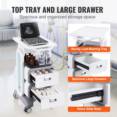 3 Tiers Lab Carts, Lab Utility Cart with 2 Drawers & 1 Top Tray, Mobile Medical Cart with ABS Material, Lab Rolling Cart with 4 Silent Wheels for Lab, Clinic, Hospital, Salon, White