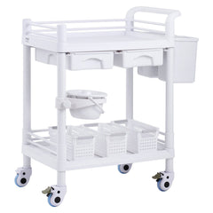 2 Tiers Lab Carts, Lab Utility Cart with 2 Trays, 2 Drawers & 4 Silent Wheels, Mobile Medical Cart with PP Material, Lab Rolling Cart with 3 Trash Cans for Lab, Clinic, Hospital, Salon, White