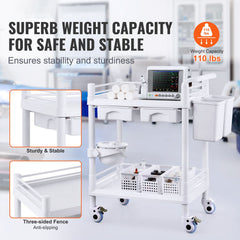 2 Tiers Lab Carts, Lab Utility Cart with 2 Trays, 2 Drawers & 4 Silent Wheels, Mobile Medical Cart with PP Material, Lab Rolling Cart with 3 Trash Cans for Lab, Clinic, Hospital, Salon, White