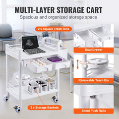 2 Tiers Lab Carts, Lab Utility Cart with 2 Trays, 2 Drawers & 4 Silent Wheels, Mobile Medical Cart with PP Material, Lab Rolling Cart with 3 Trash Cans for Lab, Clinic, Hospital, Salon, White