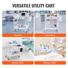 2 Tiers Lab Carts, Lab Utility Cart with 2 Trays, 2 Drawers & 4 Silent Wheels, Mobile Medical Cart with PP Material, Lab Rolling Cart with 3 Trash Cans for Lab, Clinic, Hospital, Salon, White