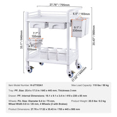 2 Tiers Lab Carts, Lab Utility Cart with 2 Trays, 2 Drawers & 4 Silent Wheels, Mobile Medical Cart with PP Material, Lab Rolling Cart with 3 Trash Cans for Lab, Clinic, Hospital, Salon, White