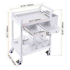 2 Tiers Lab Carts, Lab Utility Cart with 2 Trays, 2 Drawers & 4 Silent Wheels, Mobile Medical Cart with PP Material, Lab Rolling Cart with 3 Trash Cans for Lab, Clinic, Hospital, Salon, White